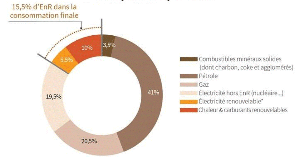 Part des différentes filières dans la consommation finale d’énergie. L’électricité (EnR + hors EnR) représente environ 25%), ADEME, septembre 2020