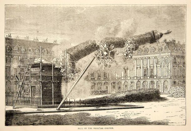 Eau-forte de 1874 représentant la chute de la Colonne Vendôme en 1871, lors de la Commune de Paris