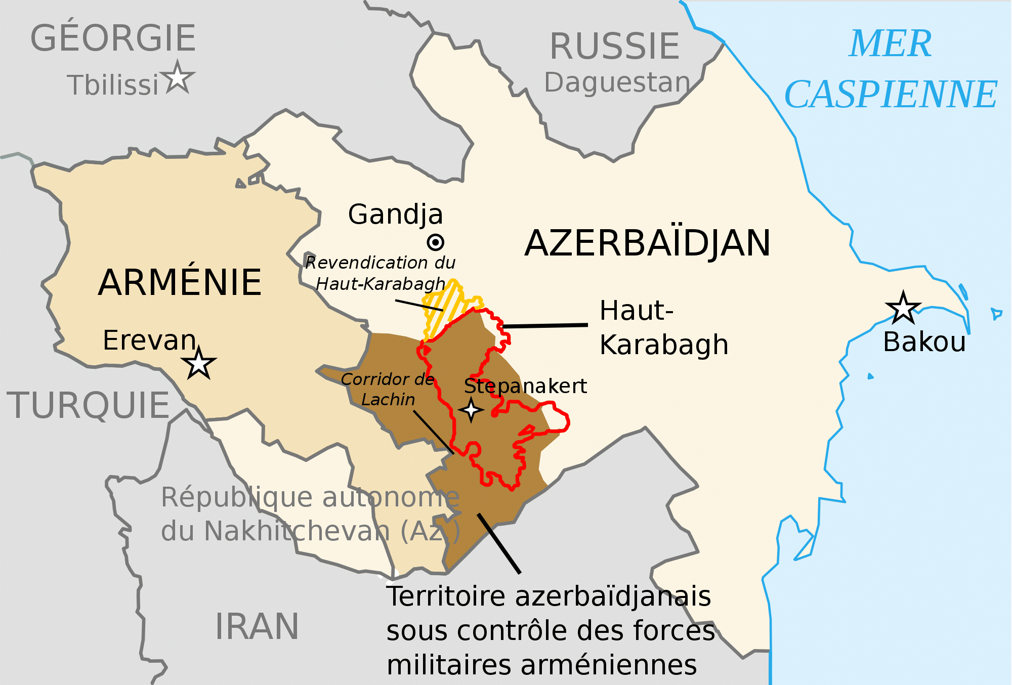  Carte de l'Azerbaïdjan avec le Haut-Karabakh et la zone contrôlée par l'armée arménienne jusqu'en novembre 2020.